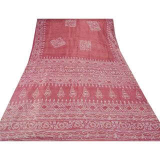 Sanskriti Vintage Pink Saree Pure Silk Batik Work Craft 5 Yd Soft Fabric Sari 4