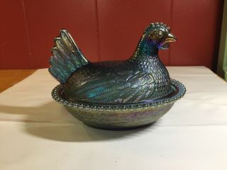 Vintage Indiana Glass Hen On Nest Carnival Glass Blue Iridescent Stunning Color