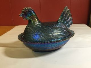 Vintage Indiana Glass Hen on Nest Carnival Glass Blue Iridescent Stunning Color 2