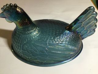 Vintage Indiana Glass Hen on Nest Carnival Glass Blue Iridescent Stunning Color 7