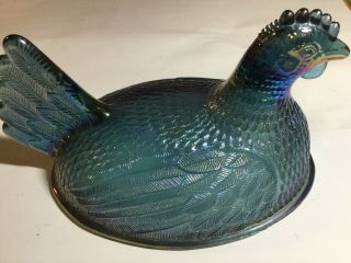 Vintage Indiana Glass Hen on Nest Carnival Glass Blue Iridescent Stunning Color 8