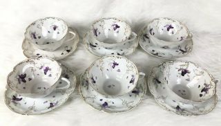 Vintage Purple Floral Gold Trim Bone China Tea Cups And Saucers Set Of 6