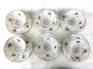 Vintage Purple Floral Gold Trim Bone China Tea Cups and Saucers Set of 6 2