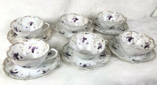 Vintage Purple Floral Gold Trim Bone China Tea Cups and Saucers Set of 6 3