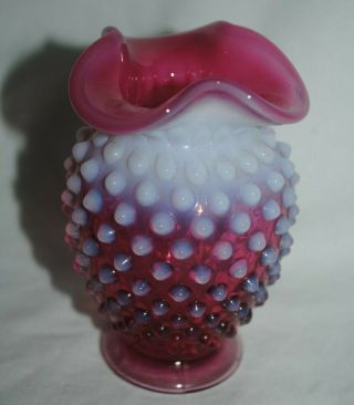 Fenton Small Vintage Cranberry Opalescent Hobnail Bud Vase,  Ruffled Top,