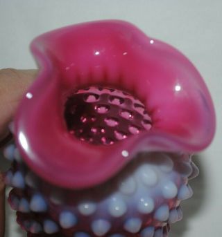 Fenton small vintage cranberry opalescent hobnail bud vase,  ruffled top, 2