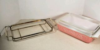 Vintage Pyrex Casserole 2 Qt Pink Scroll Dish w/ Metal Stand and Lid 3