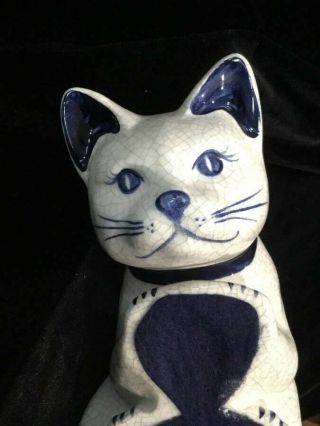 Vintage 1993 The Potting Shed Dedham Pottery Perched Cat Figurine Blue Collar 3