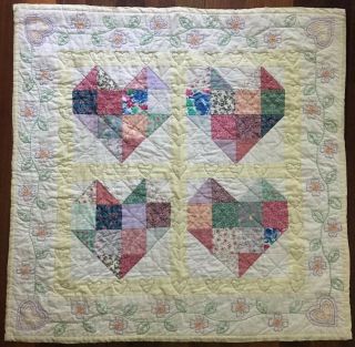 Vintage Handmade Quilt Wall Hanging Hearts & Embroidered Florals 36.  5 " Square