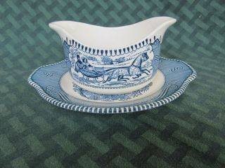 Vintage Currier And Ives Royal China Blue Transferware Gravy Boat & Underplate
