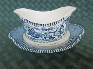 Vintage Currier and Ives Royal China Blue Transferware Gravy Boat & Underplate 2