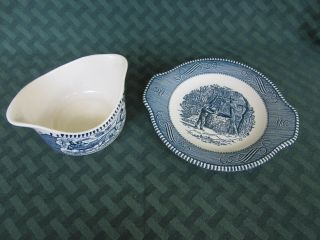 Vintage Currier and Ives Royal China Blue Transferware Gravy Boat & Underplate 3