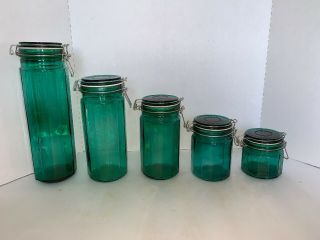 Vintage Set Of 5 Green Glass Storage Paneled Canister Wire Bail Lids
