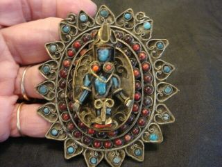 Vintage Nepal Turquoise/blue Coral/red Goddess Silver Filigree Metal Pendant