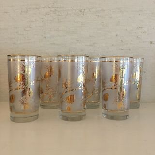 Set Of 6 Vintage Frosted Gold Libbey Pine Cone Glasses