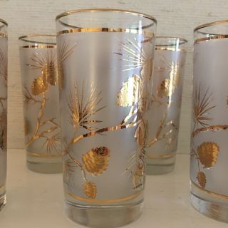 Set of 6 vintage frosted gold Libbey pine cone glasses 2