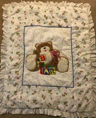 Vintage 1986 Red Calliope Bear Blocks Baby Crib Quilt Hearts Ruffled Comforter
