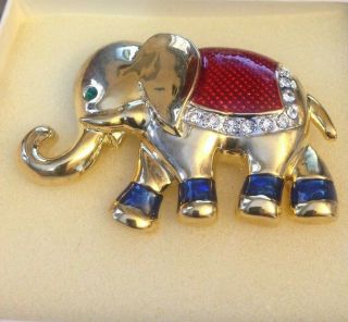 Vintage Gold - Tone Rhinestone & Enamel Red/white/blue Elephant Brooch Pin