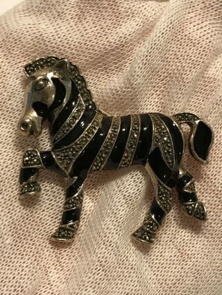 Vintage Judith Jack Sterling Silver 925 Marcasite Black Enamel Horse Pin Brooch