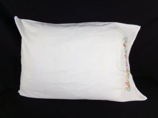 1 Vintage White Standard Size Floral Hand EMBROIDERED Pillow Twin Case Retro 2