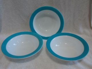 3 Vtg Pyrex Aqua Turquoise Blue Band Flat Rim 9 Inch Serving Bowls Euc