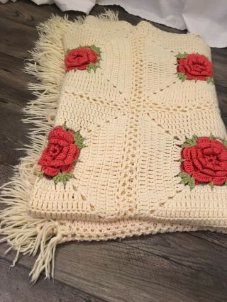 Vintage Handmade Crochet Rose Flower Afghan Throw Blanket