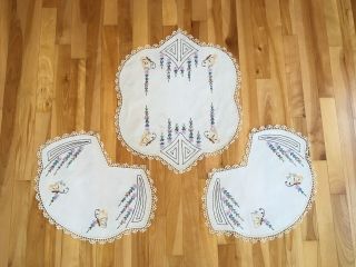 Vintage Crocheted Hand Embroidered Linen Dresser Scarf Doilies Set - Butterflies
