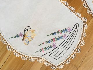 Vintage Crocheted Hand Embroidered Linen Dresser Scarf Doilies Set - BUTTERFLIES 8