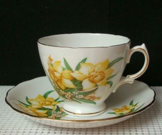 Vintage Royal Vale Footed Tea Cup & Saucer Yellow Spring Daffodils Bone China