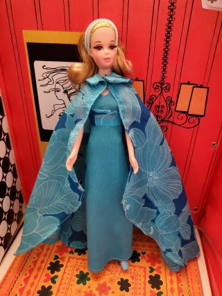 Vtg Barbie Francie Clone Turquoise Maxi Halter Dress And Sheer Matching Cape
