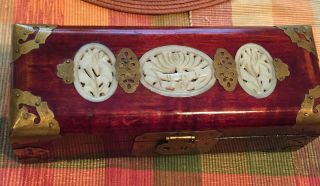 Vintage Chinese Rose Wood Jewelry Box With Carved Jade & Brass Findings