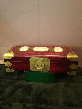 Vintage Chinese Rose Wood Jewelry Box With Carved Jade & Brass Findings 2