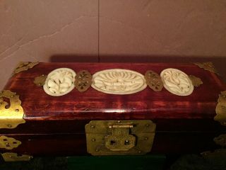 Vintage Chinese Rose Wood Jewelry Box With Carved Jade & Brass Findings 3