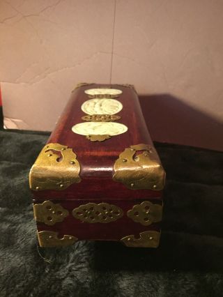 Vintage Chinese Rose Wood Jewelry Box With Carved Jade & Brass Findings 4
