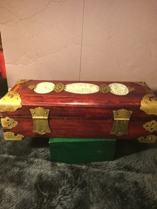 Vintage Chinese Rose Wood Jewelry Box With Carved Jade & Brass Findings 5