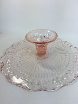 Vintage Pink Depression Glass Footed Cake Stand Serving Plate 12” Vine Pattern 4