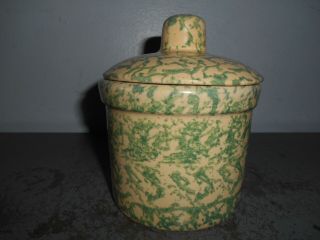 Vintage Rrp Co.  Green Sponge Ware Stoneware Covered Crock 1 Pint