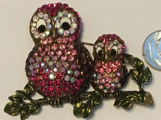 Vintage Mother Baby Owl On A Branch Rhinestone Pin Brooch