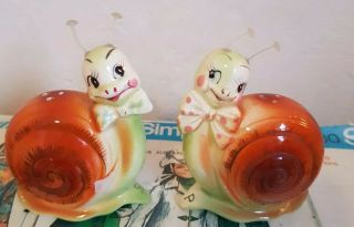 Vintage Enesco Japan Anthropomorphic Snail Salt And Pepper Shakers Mid Century