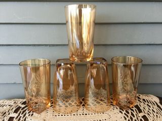 Set Of 5 Vintage Amber Iridescent Square Bottom Drinking Glasses Tumblers 5 "
