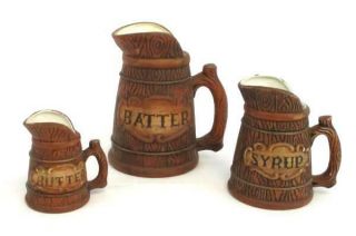 Vintage 3 Piece Pancake Pitcher Set - Batter Syrup Butter Barrel Ceramic