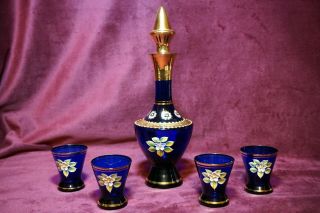 Vintage Bohemian Glass 10” Decanter And Set Of 4 Shot Glasses Hand Decorated