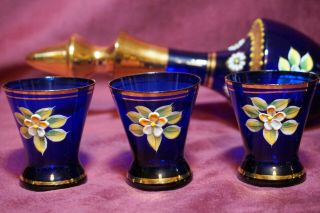Vintage Bohemian Glass 10” Decanter and Set of 4 Shot glasses Hand Decorated 7