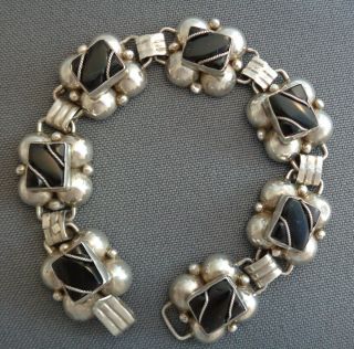 Vintage Sterling Silver Mexico Bracelet 7 Linked Stations W/ Black Onyx Inlay
