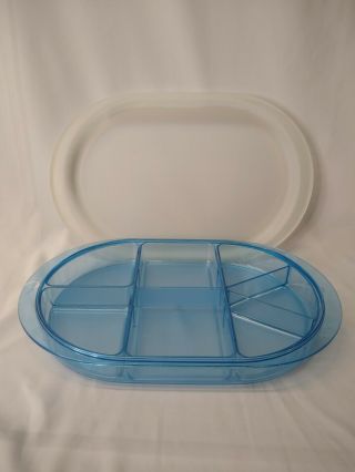 Vtg Tupperware Preludio Oval Watercolor Blue Acrylic Divided Serving Tray W/lid