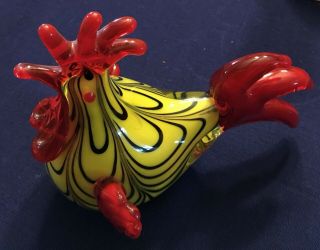 Vintage Murano Style Glass Rooster Figurine Statue Chicken Farmhouse Yellow Red 5
