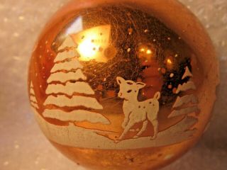 Vintage Glass Christmas Ornament Jumbo 4 " Stencil Deer Snow Storm Trees Forest