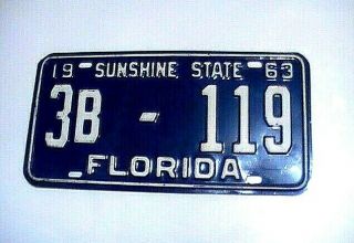 Vintage Florida 1963 License Plate Tag Sun Sunshine State Low Number 3b - 119