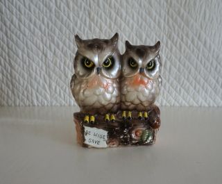 Vintage Ceramic Owl Coin Money Box Bank Be Wise Save 15.  5cm