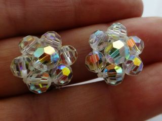 Vintage 1960s Aurora Borealis Faceted Glass Crystal Clip On Cluster Earrings